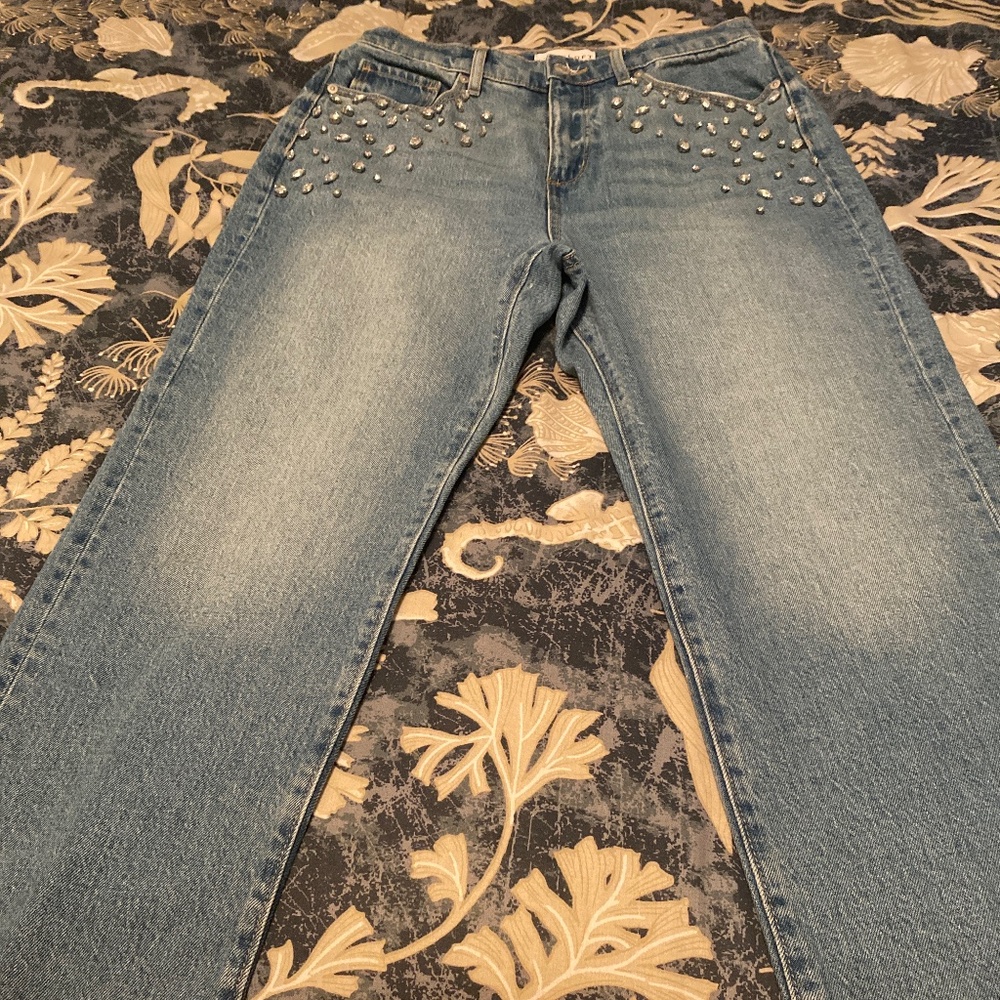 Loft Rhinestone High Rise Straight Jeans in Vintage Distressed Wash 28 Petite